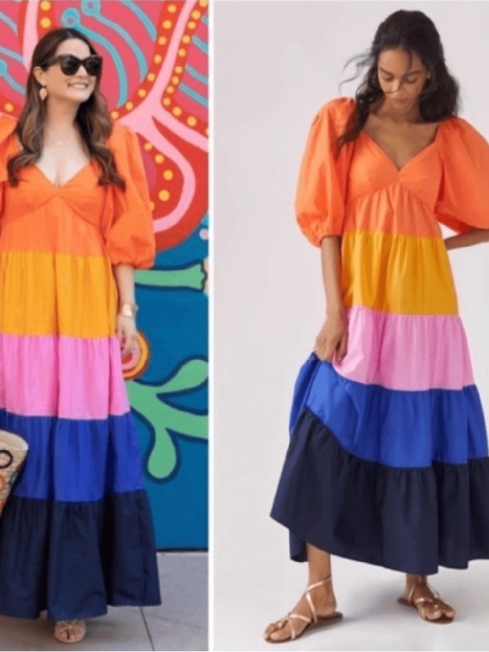 NEW FARM RIO Cotton Tiered RufflePuff Sleeves Colorblock Maxi Dress, Medium - Picture 8 of 16